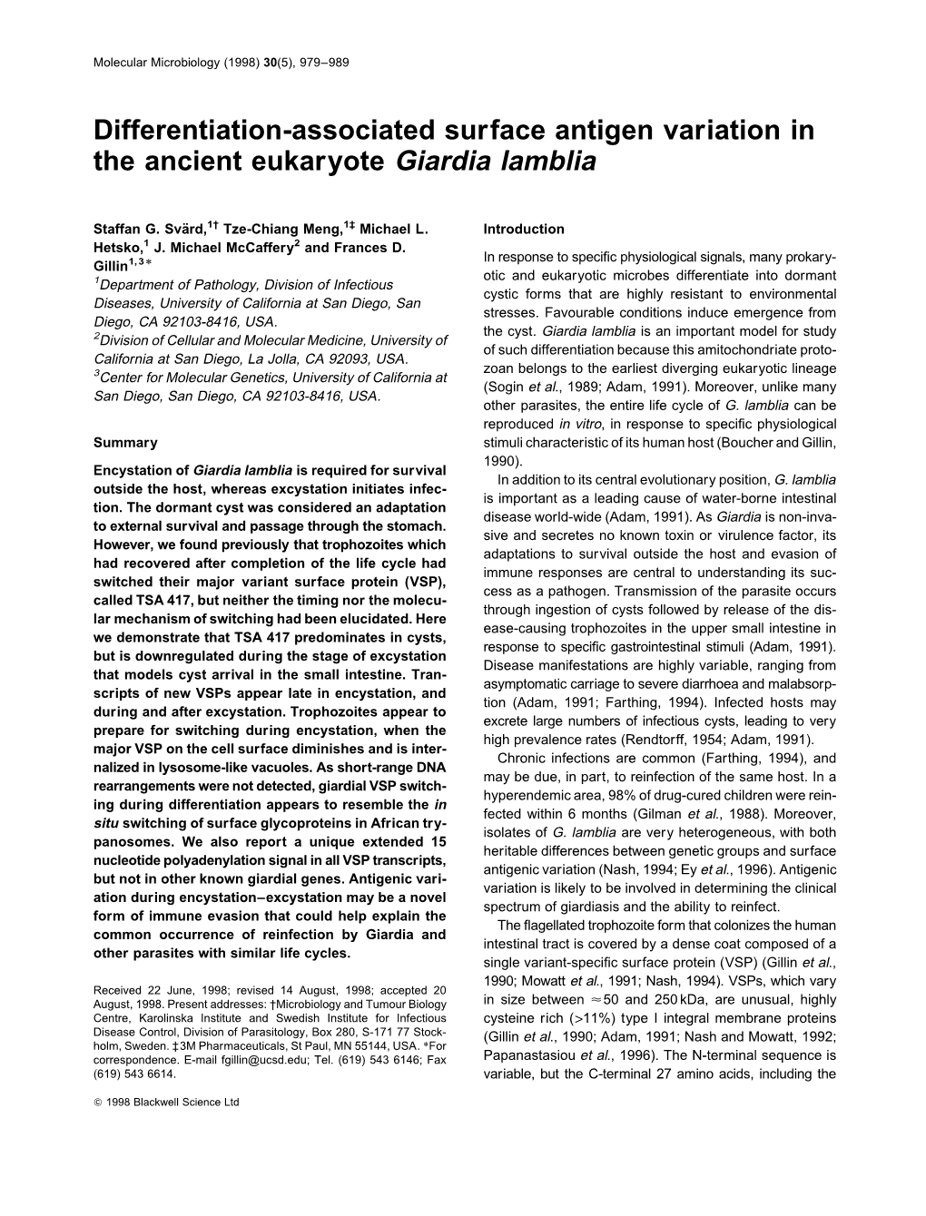 Differentiation-Associated Surface Antigen Variation in the Ancient Eukaryote Giardia Lamblia