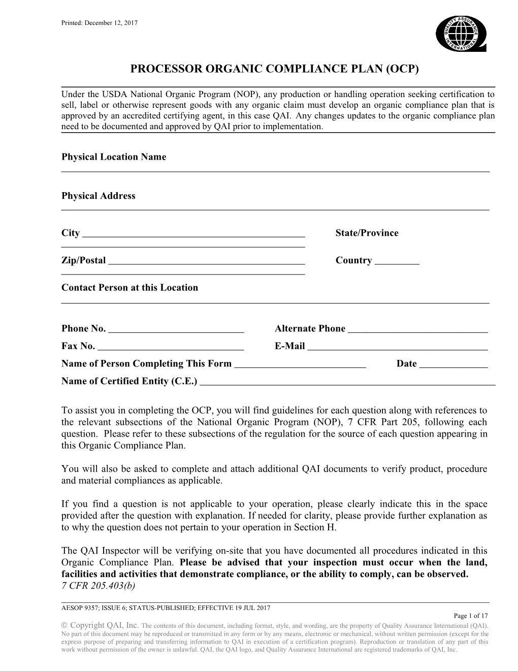 Processor Organic Compliance Plan (Ocp)