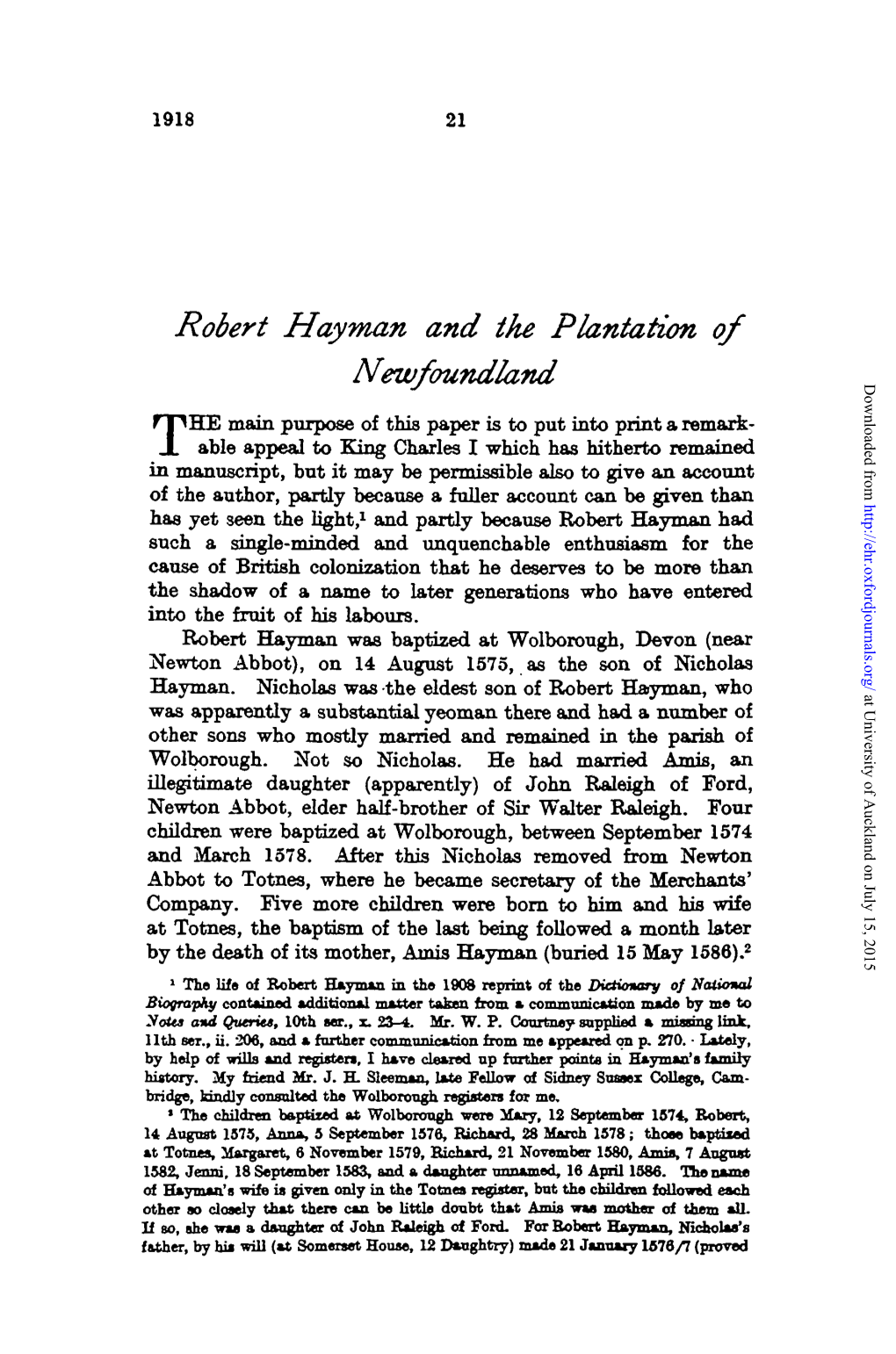 Robert Hayman and the Plantation of Newfoundland