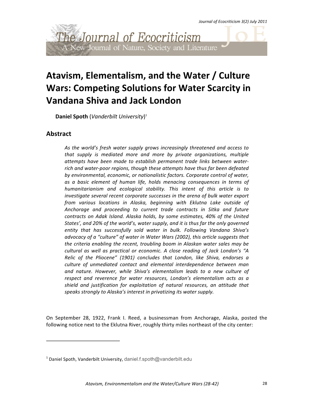 Atavism, Elementalism, and the Water / Culture Wars: Competing Solutions for Water Scarcity in Vandana Shiva and Jack London