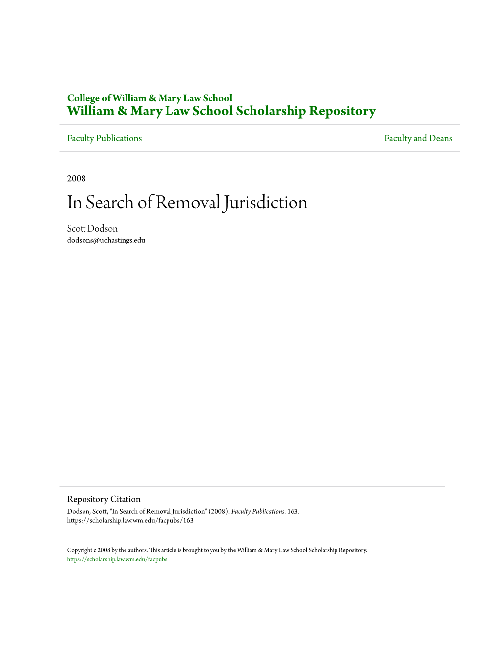 In Search of Removal Jurisdiction Scott Od Dson Dodsons@Uchastings.Edu