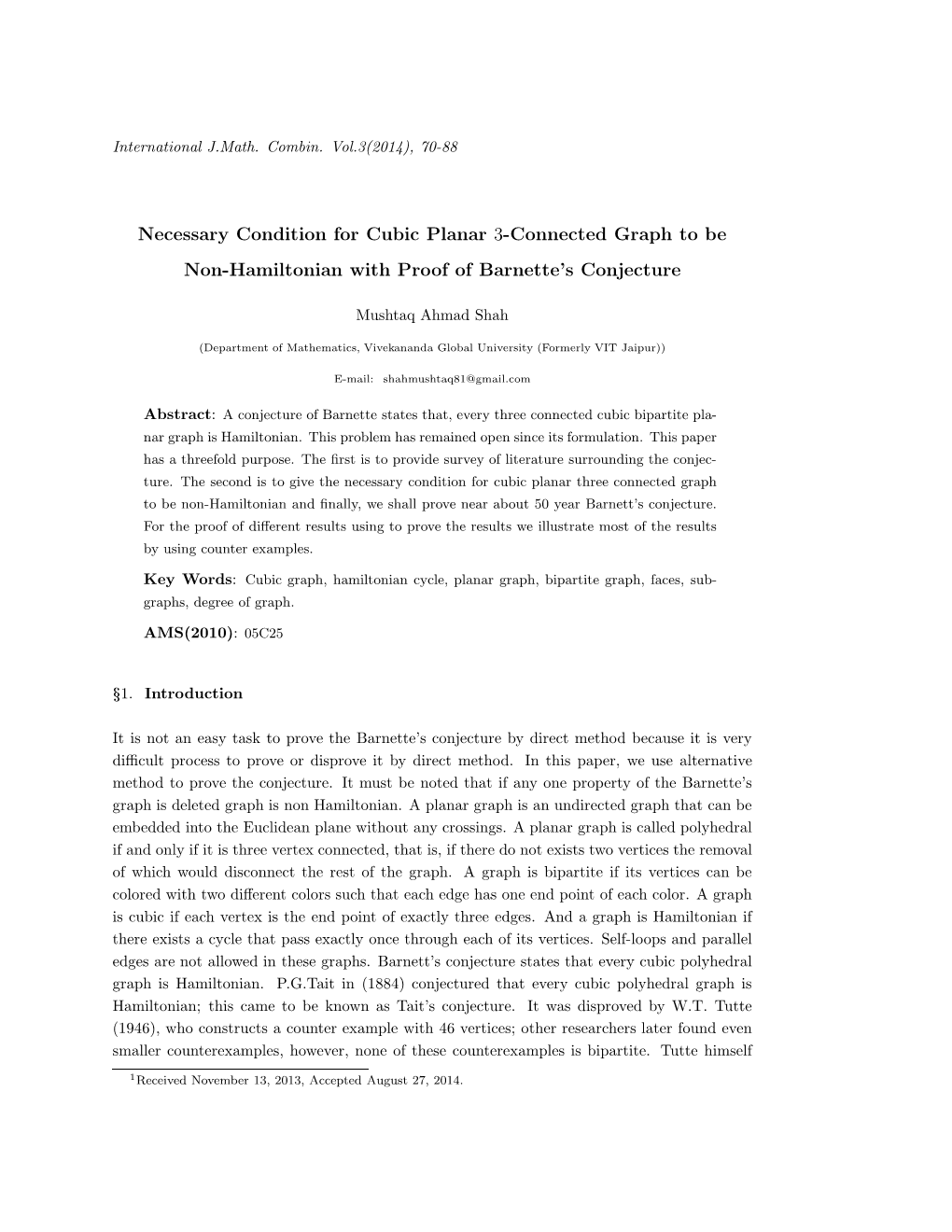 Necessary Condition for Cubic Planar 3-Connected Graph to Be Non-Hamiltonian with Proof of Barnette’S Conjecture