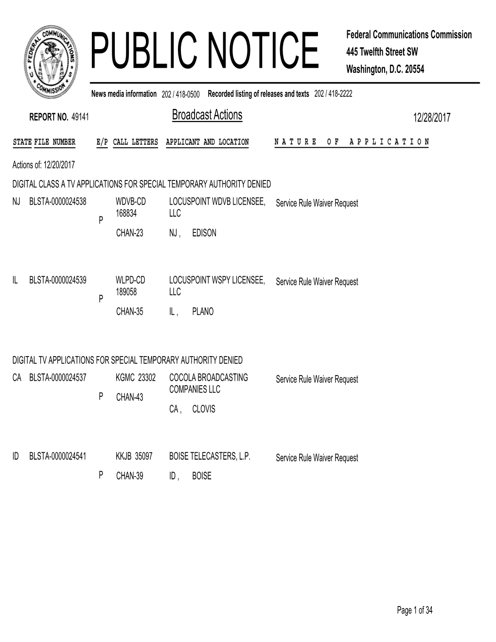 Broadcast Actions 12/28/2017