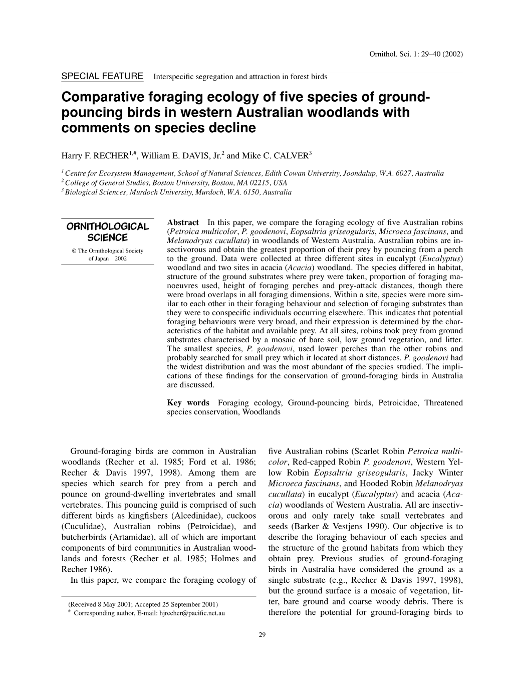 Comparative Foraging Ecology of Five Species of Ground- Pouncing Birds