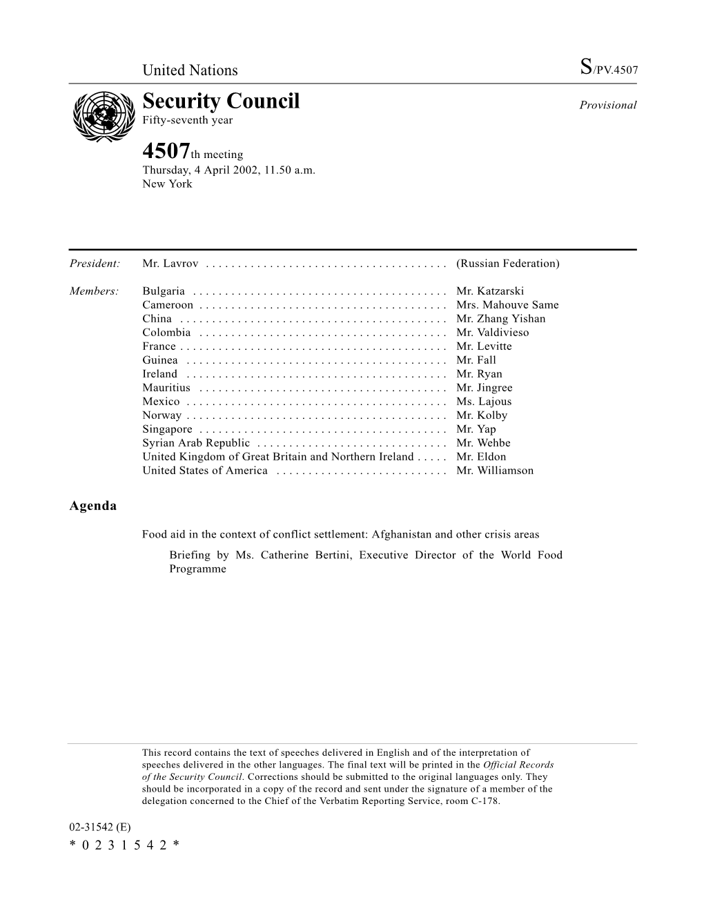 Security Council Provisional Fifty-Seventh Year