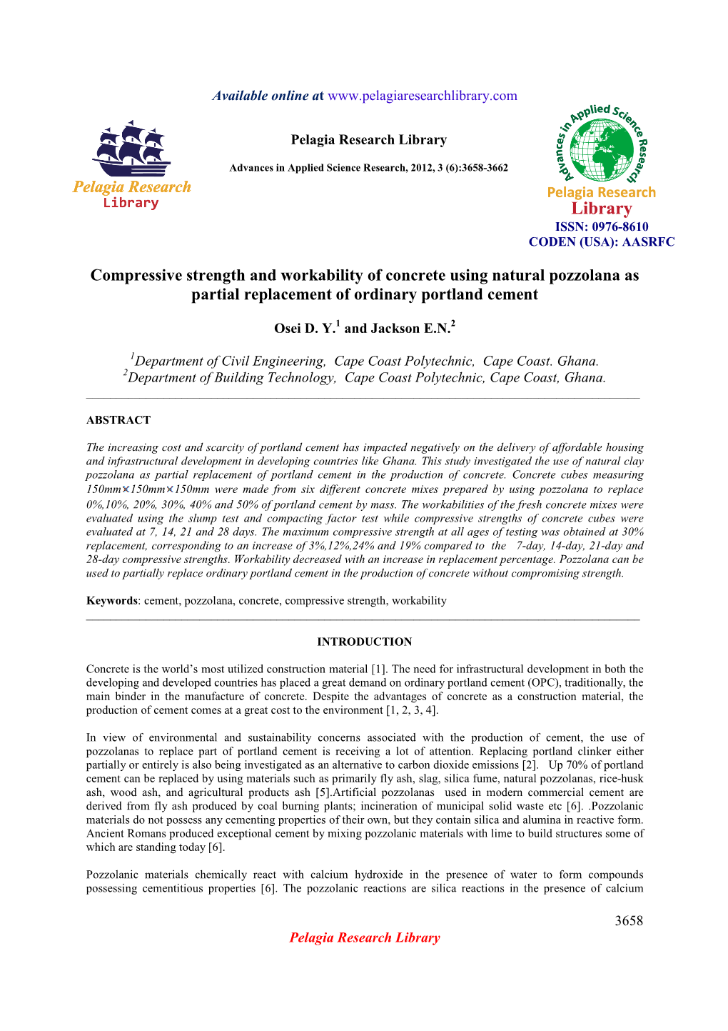 Compressive Strength and Workability of Concrete Using Natural Pozzolana As Partial Replacement of Ordinary Portland Cement