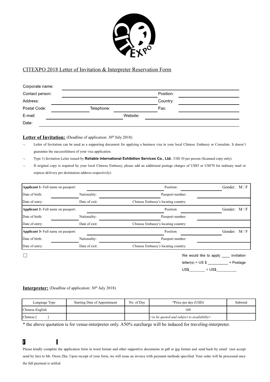 CITEXPO 2014 Letter of Invitation & Interpreter Reservation Form