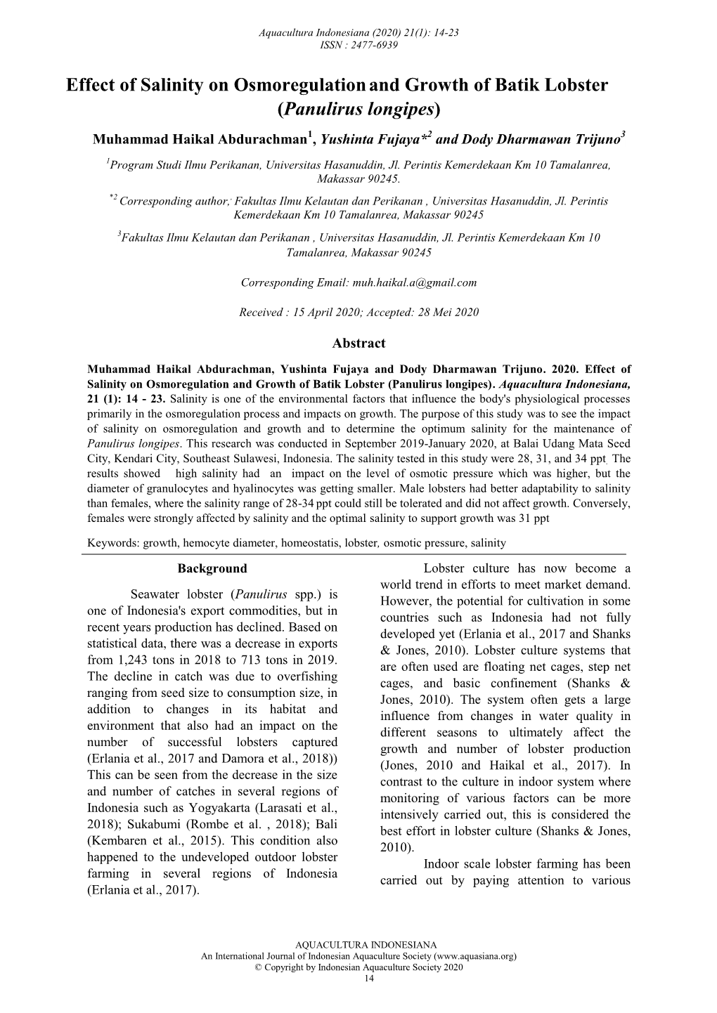 Effect of Salinity on Osmoregulationand Growth of Batik