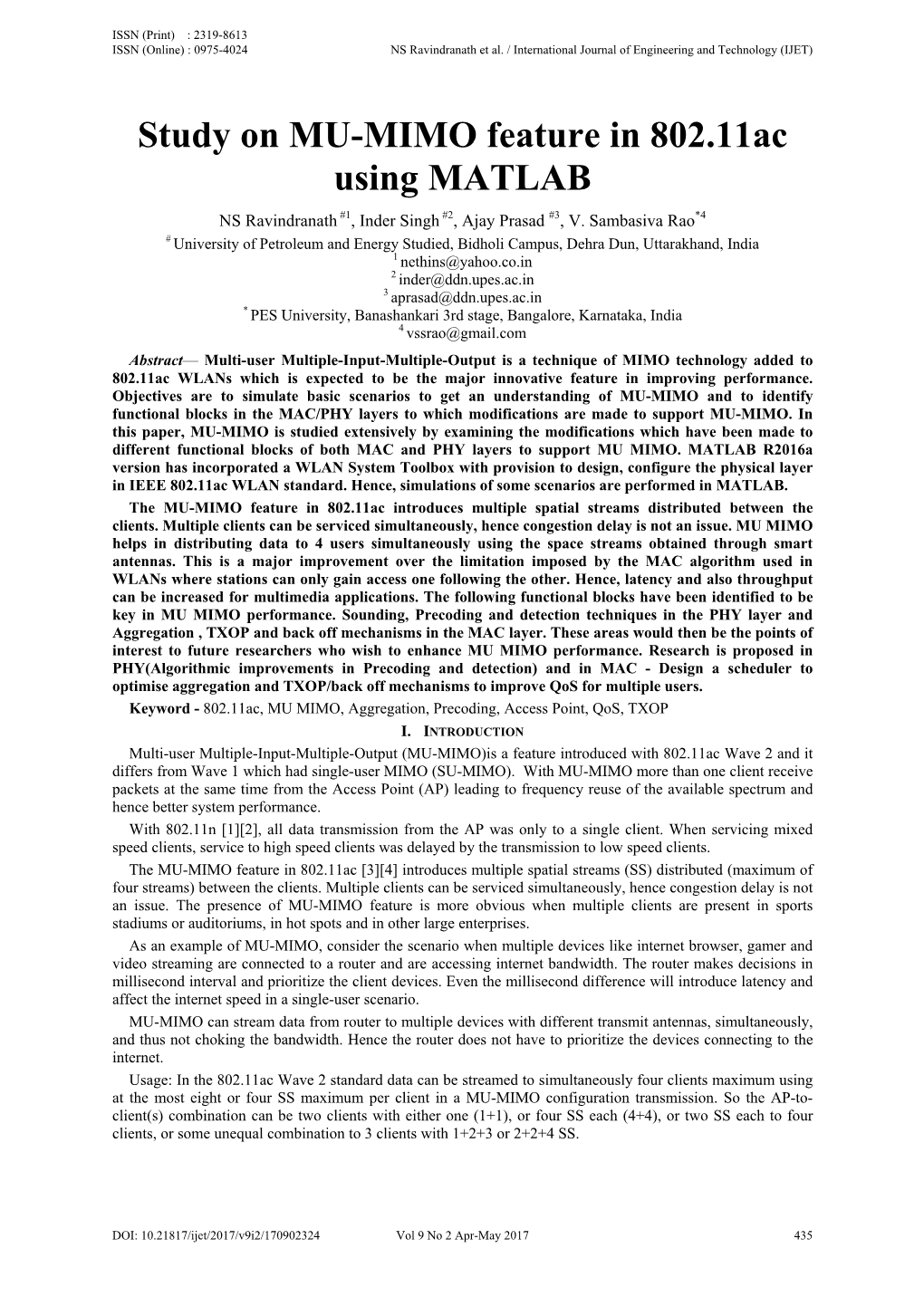 Study on MU-MIMO Feature in 802.11Ac Using MATLAB NS Ravindranath #1, Inder Singh #2, Ajay Prasad #3, V