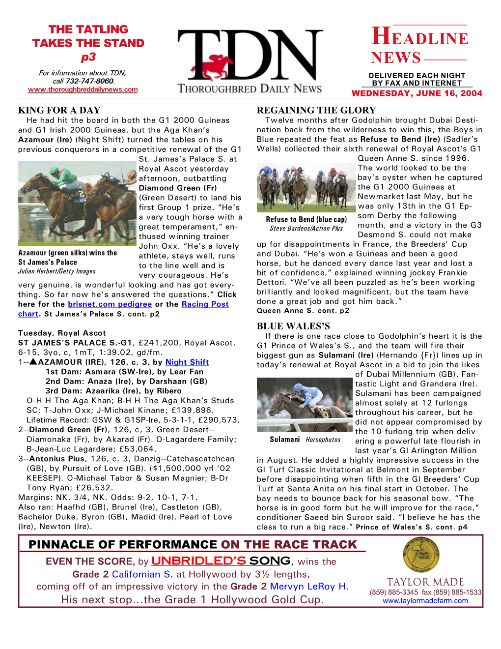 HEADLINE P3 NEWS for Information About TDN, DELIVERED EACH NIGHT Call 732-747-8060