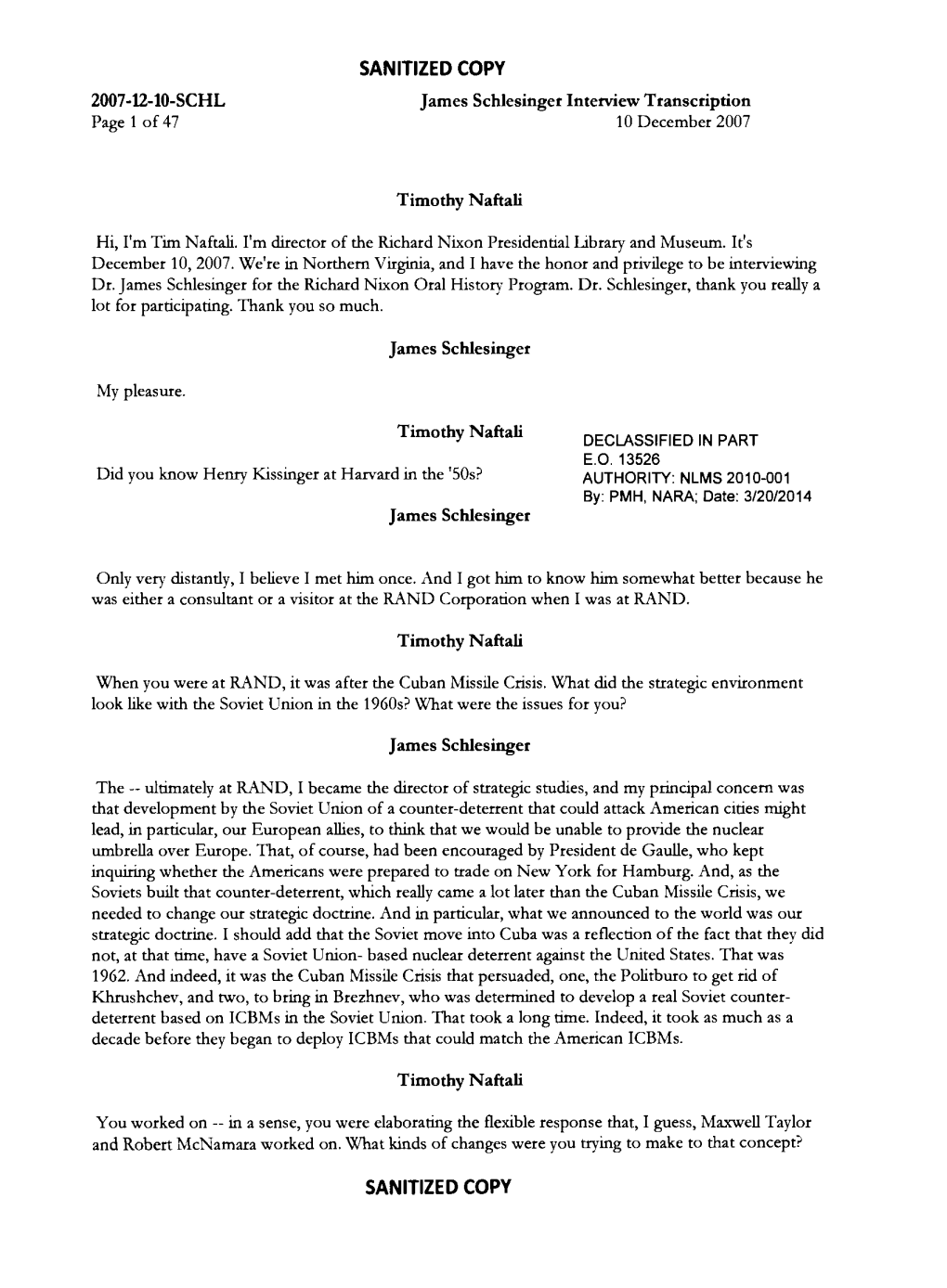 James Schlesinger Interview Transcription Page 1 of 47 10 December 2007