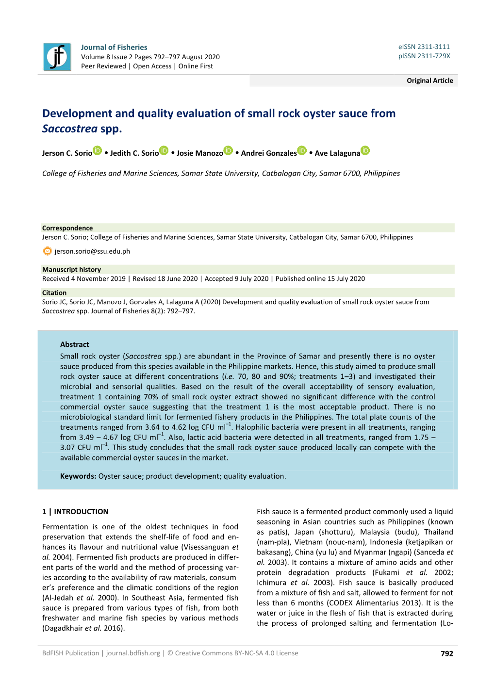 Development and Quality Evaluation of Small Rock Oyster Sauce from Saccostrea Spp