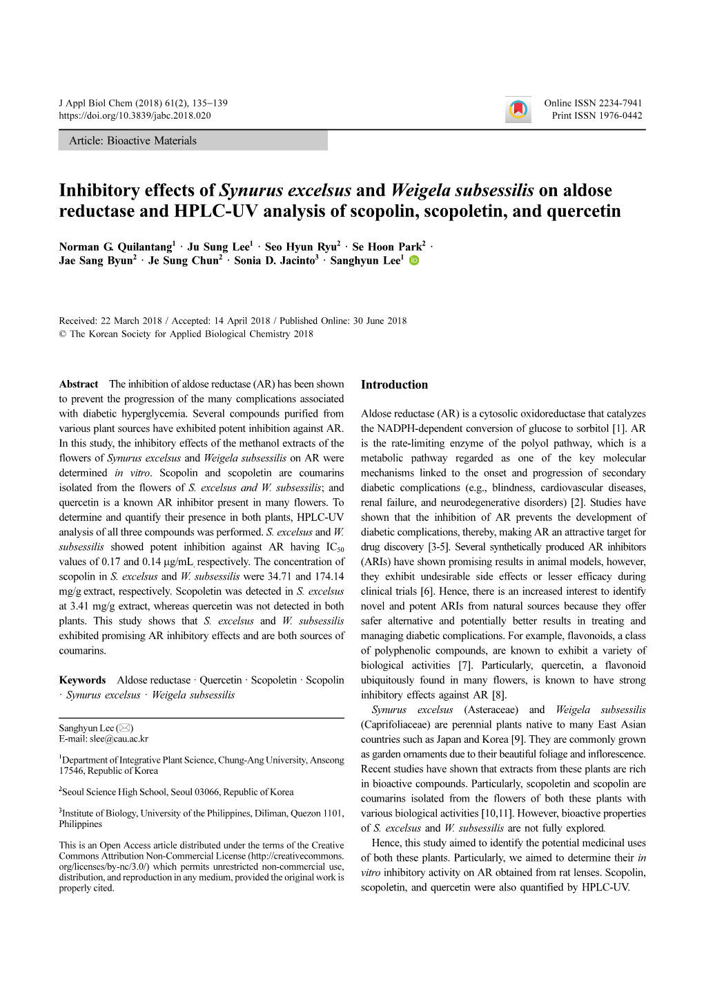 Inhibitory Effects of Synurus Excelsus and Weigela Subsessilis on Aldose Reductase and HPLC-UV Analysis of Scopolin, Scopoletin, and Quercetin