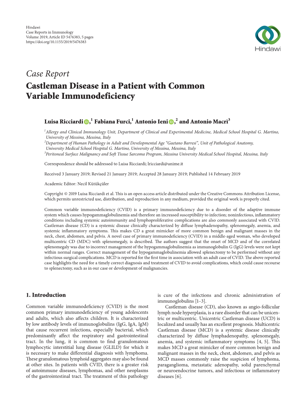 Castleman Disease in a Patient with Common Variable Immunodeficiency