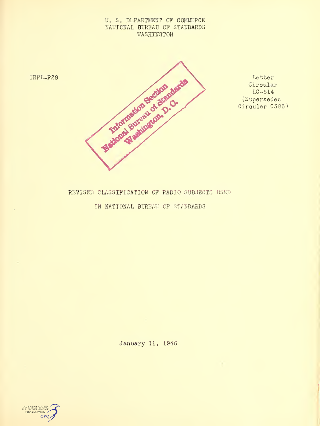 Revised Classification of Radio Subjects Used in National Bureau of Standards