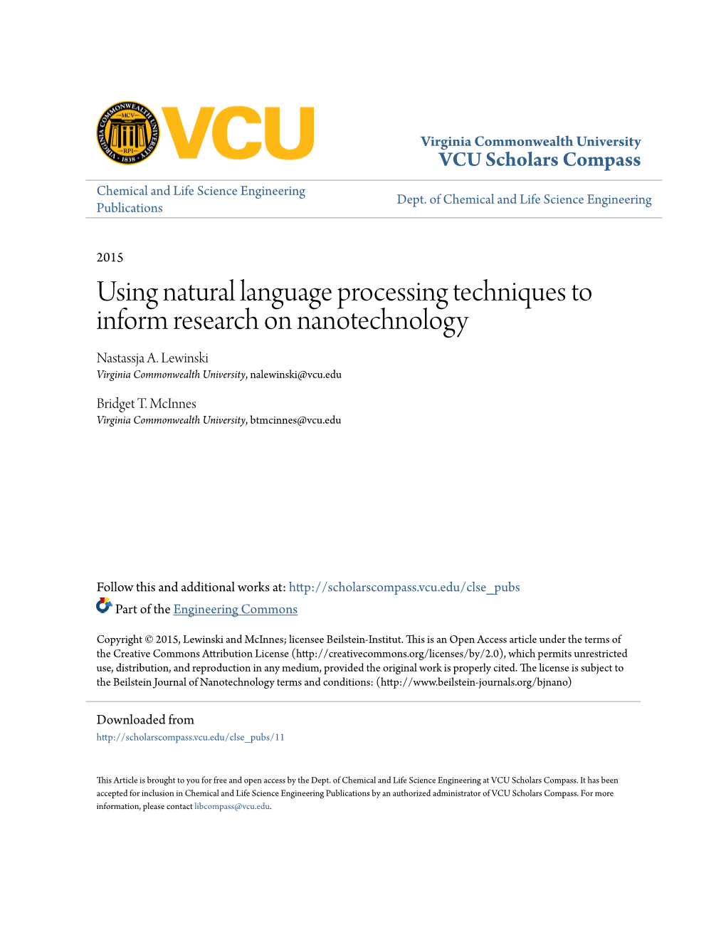 Using Natural Language Processing Techniques to Inform Research on Nanotechnology Nastassja A