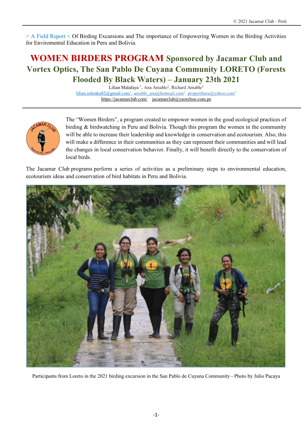 WOMEN BIRDERS PROGRAM Sponsored by Jacamar Club And