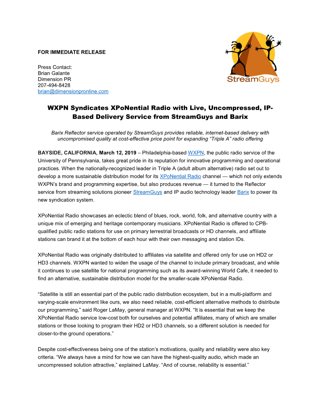 WXPN Syndicates Xponential Radio with Live, Uncompressed, IP- Based Delivery Service from Streamguys and Barix