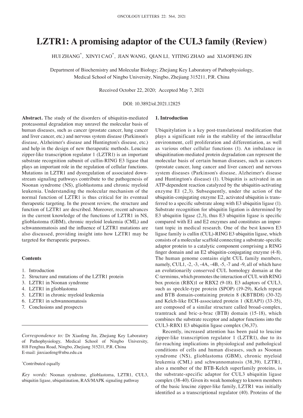 LZTR1: a Promising Adaptor of the CUL3 Family (Review)