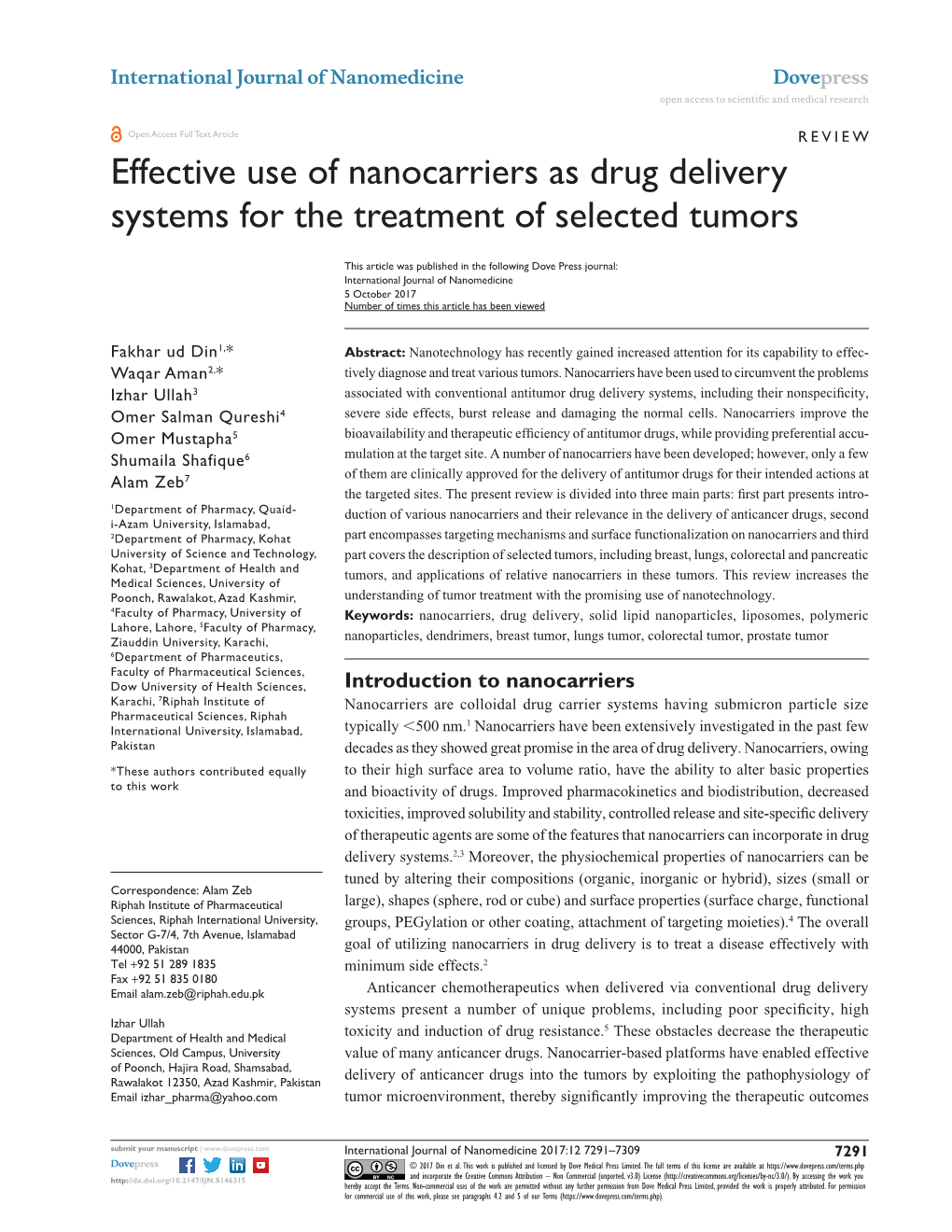 Effective Use of Nanocarriers As Drug Delivery Systems for the Treatment of Selected Tumors