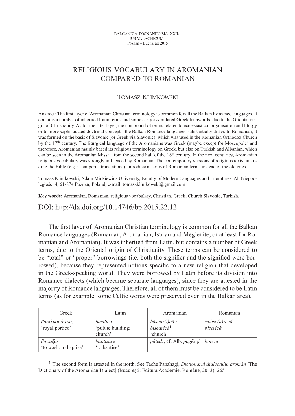 Religious Vocabulary in Aromanian Compared to Romanian