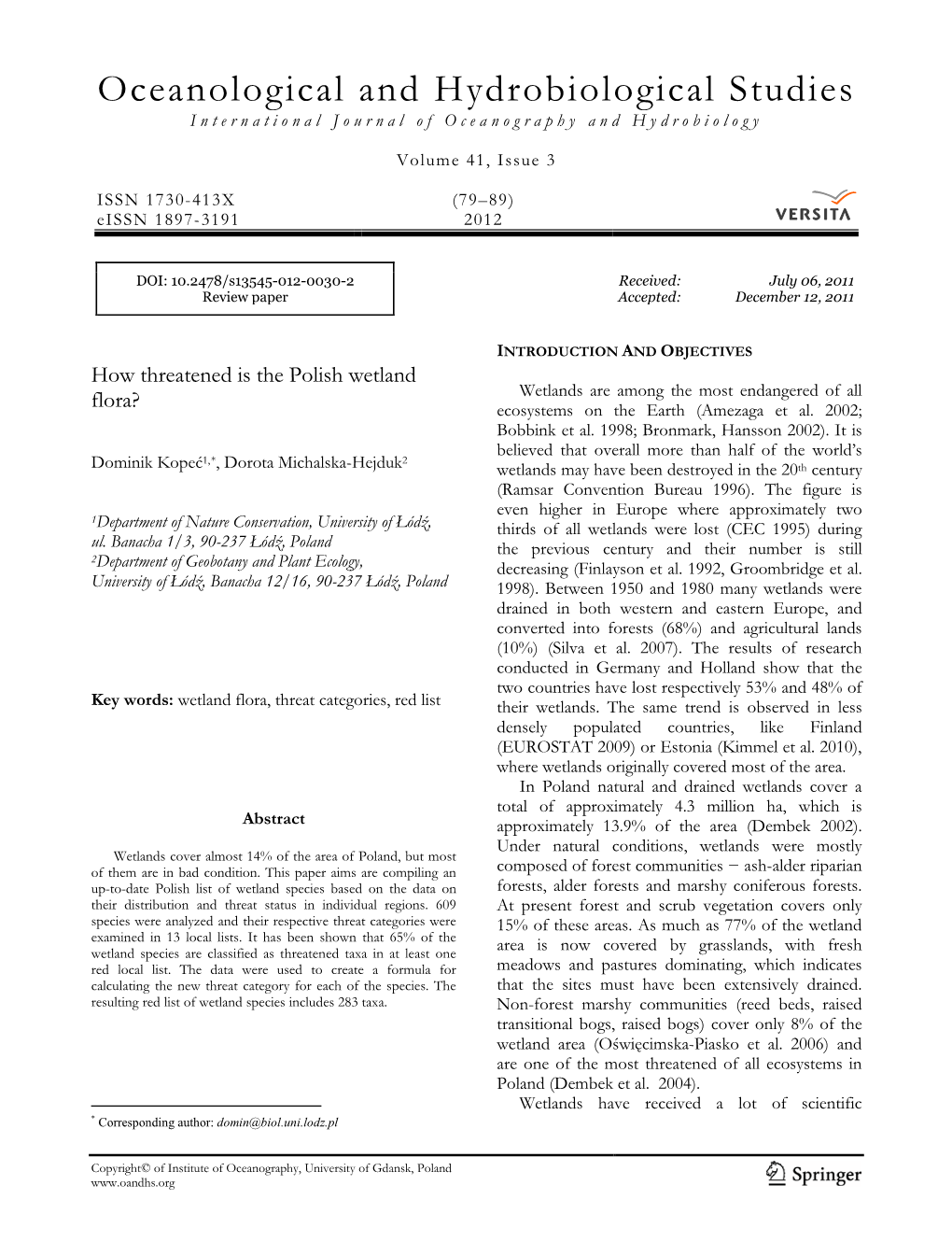 Oceanological and Hydrobiological Studies International Journal of Oceanography and Hydrobiology