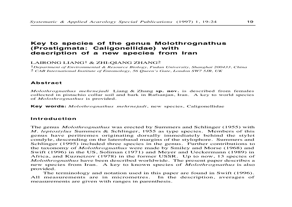 Key to Species of the Genus Molothrognathus (Prostigmata: Caligonellidae)