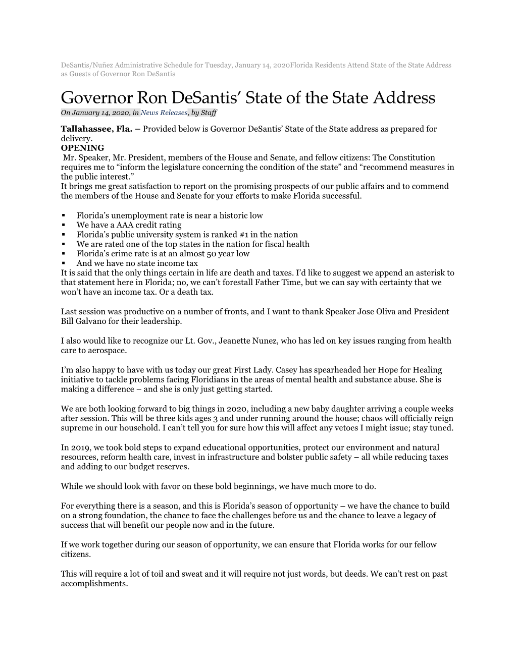 Governor Ron Desantis' State of the State Address