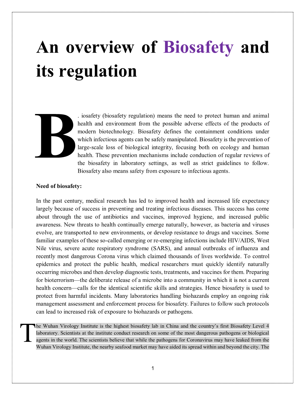 An Overview of Biosafety and Its Regulation