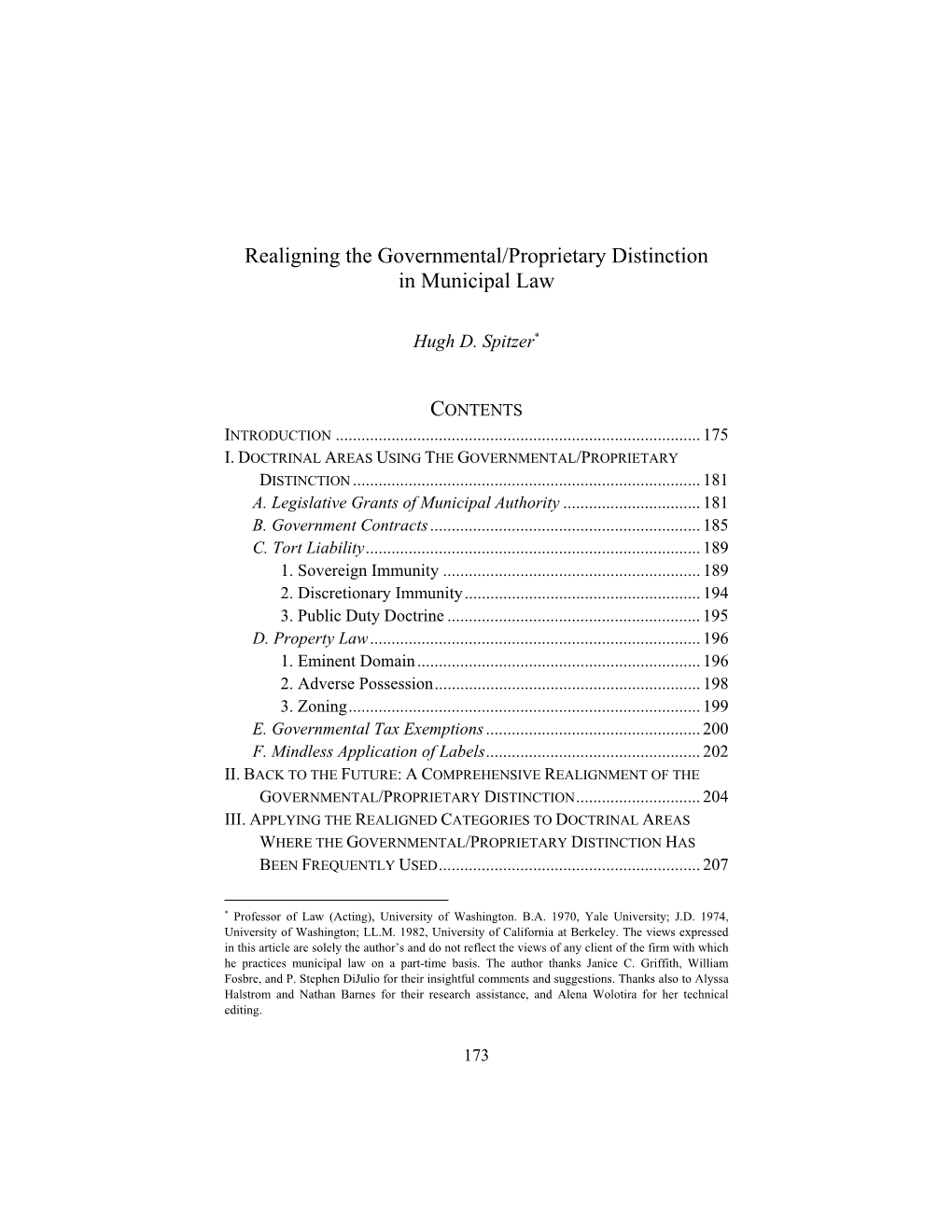 Realigning the Governmental/Proprietary Distinction in Municipal Law