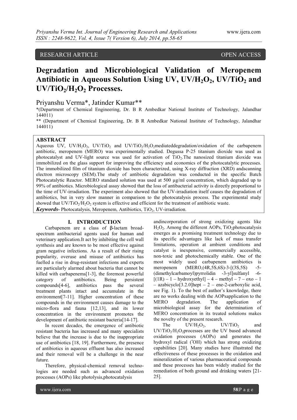 Degradation and Microbiological Validation of Meropenem Antibiotic in Aqueous Solution Using UV, UV/H2O2, UV/Tio2 and UV/Tio2/H2O2 Processes
