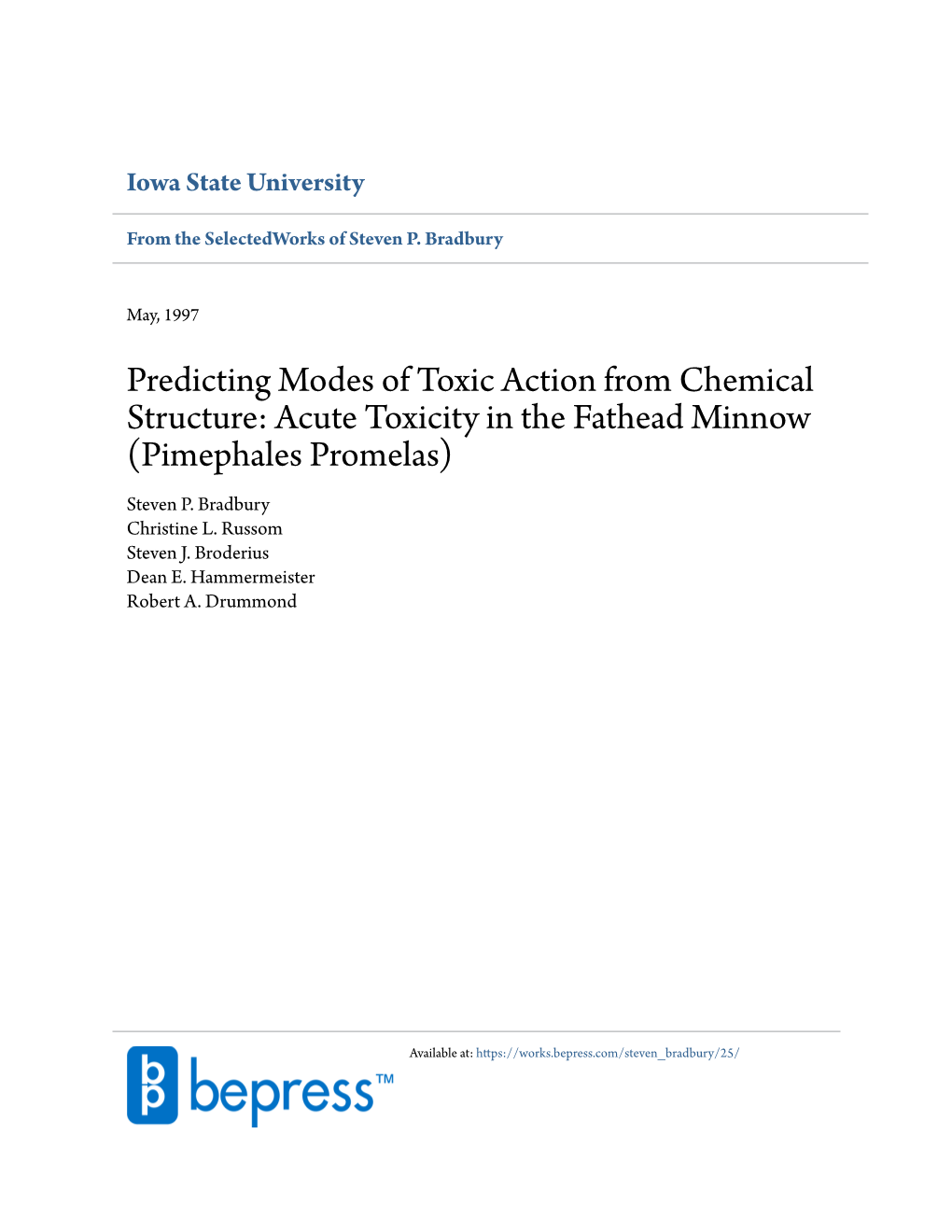 Predicting Modes of Toxic Action from Chemical Structure: Acute Toxicity in the Fathead Minnow (Pimephales Promelas) Steven P