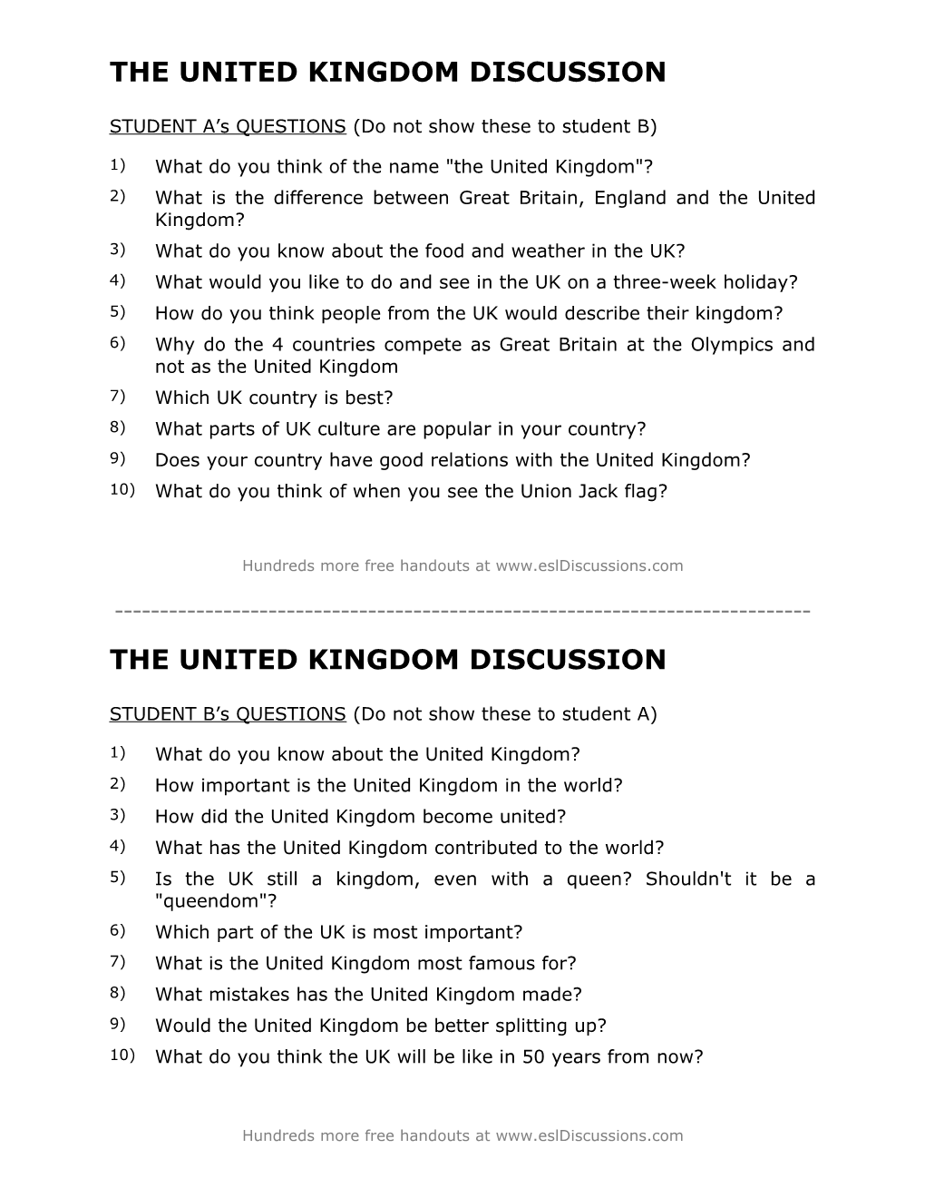 ESL Conversation Questions Lesson on United Kingdom