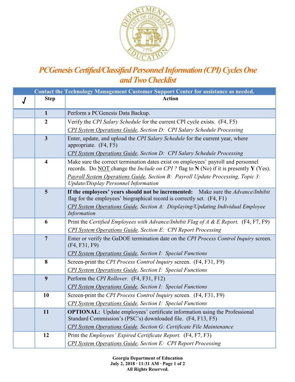 CPI Checklist for Cycles One And