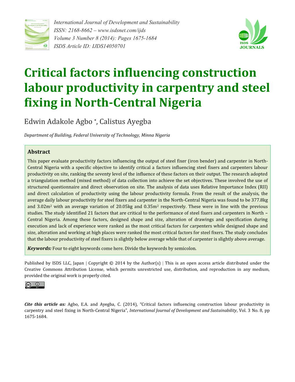 Critical Factors Influencing Construction Labour Productivity in Carpentry and Steel Fixing in North-Central Nigeria