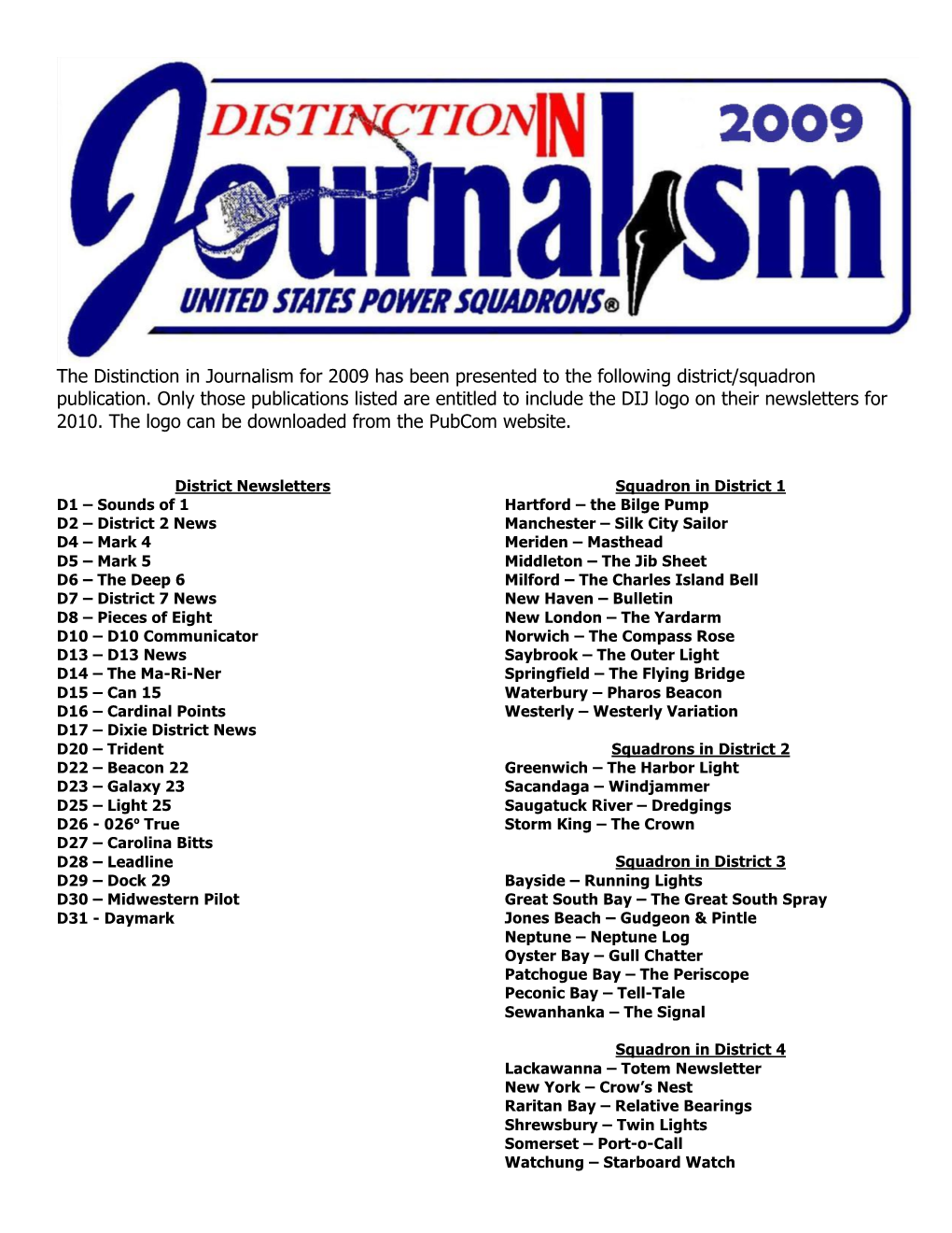 The Distinction in Journalism for 2009 Has Been Presented to the Following District/Squadron Publication