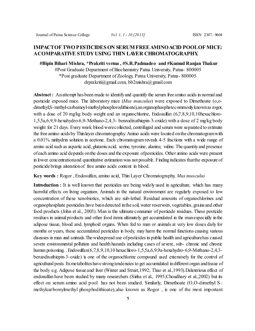 Impact of Two P Esticides on Serum Free Amino Acid Pool