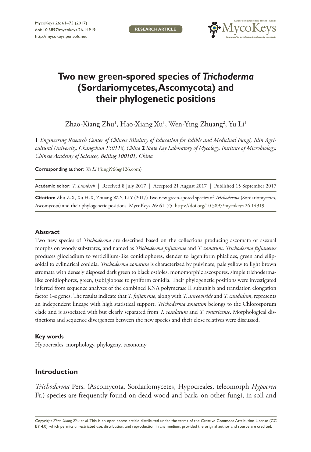 Two New Green-Spored Species of Trichoderma