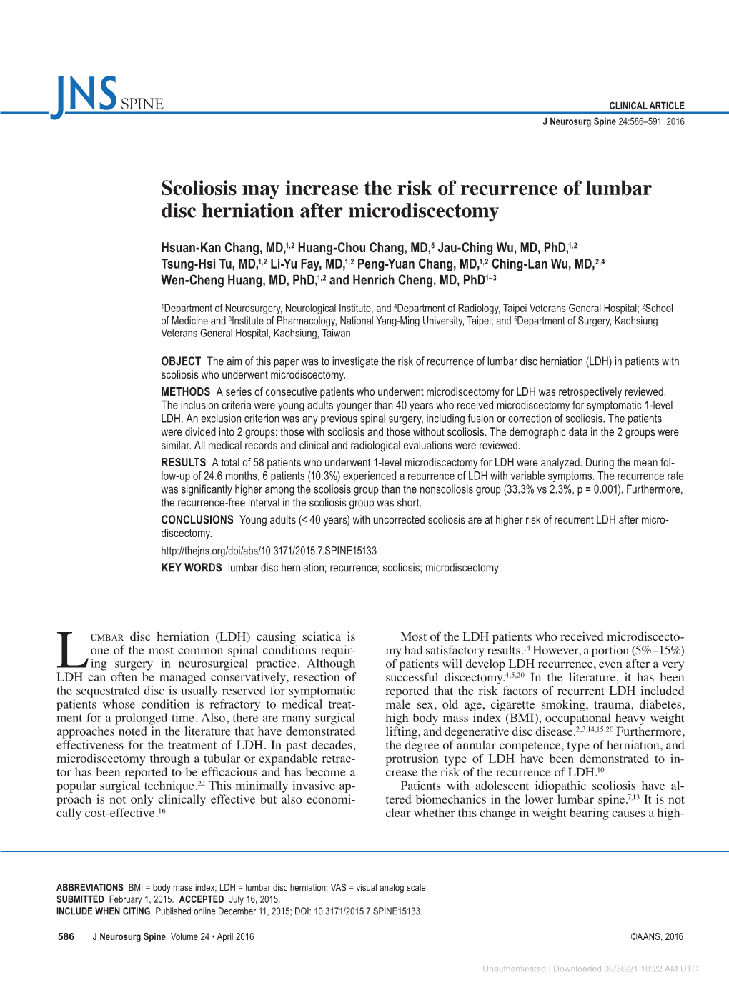 Scoliosis May Increase the Risk of Recurrence of Lumbar Disc Herniation After Microdiscectomy