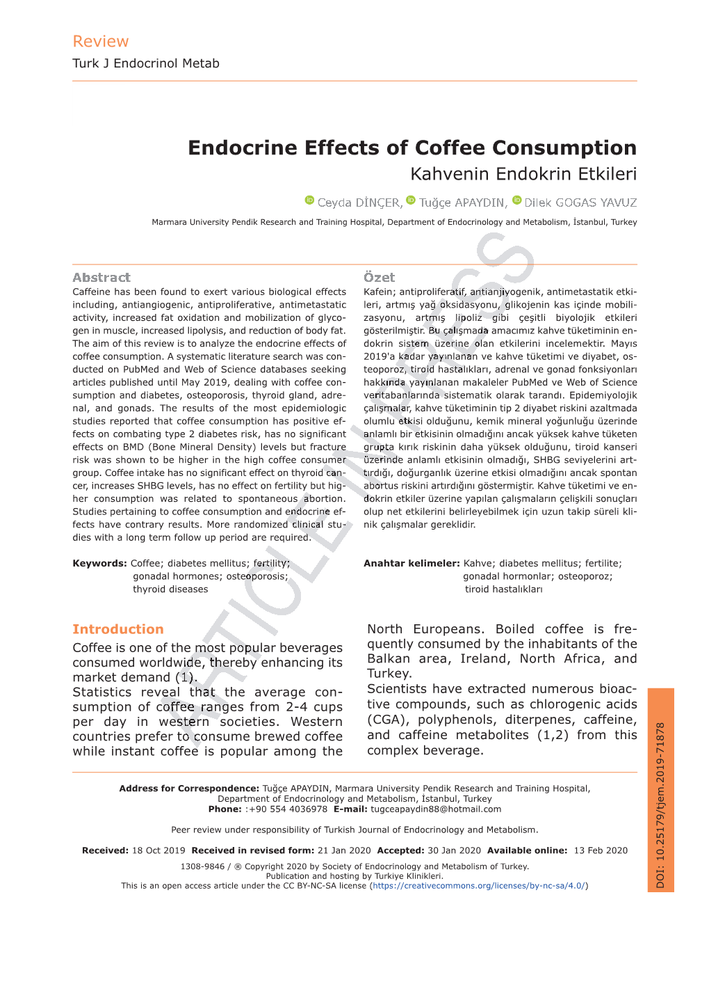 Endocrine Effects of Coffee Consumption Kahvenin Endokrin Etkileri