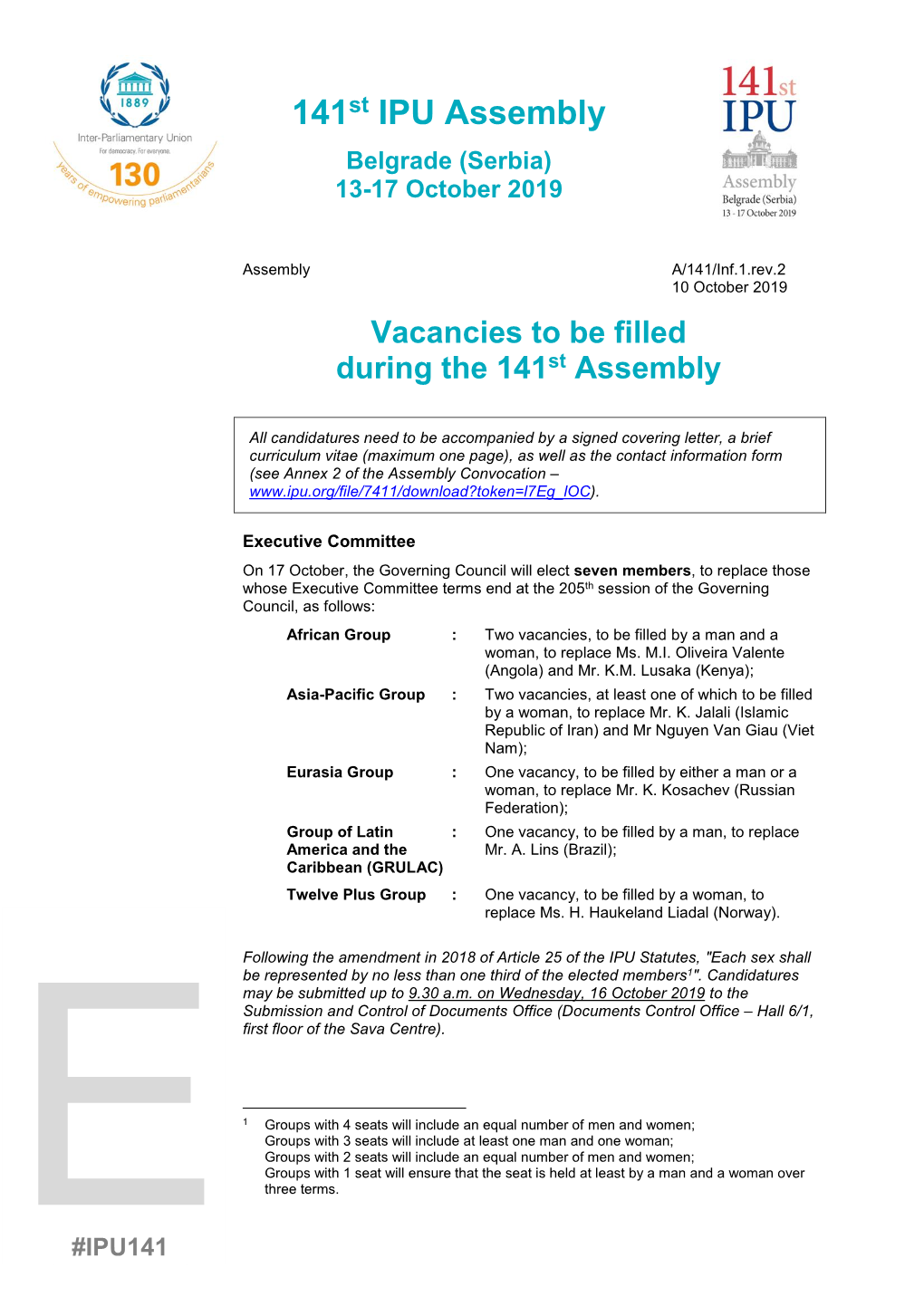 Vacancies to Be Filled During the 141St IPU Assembly