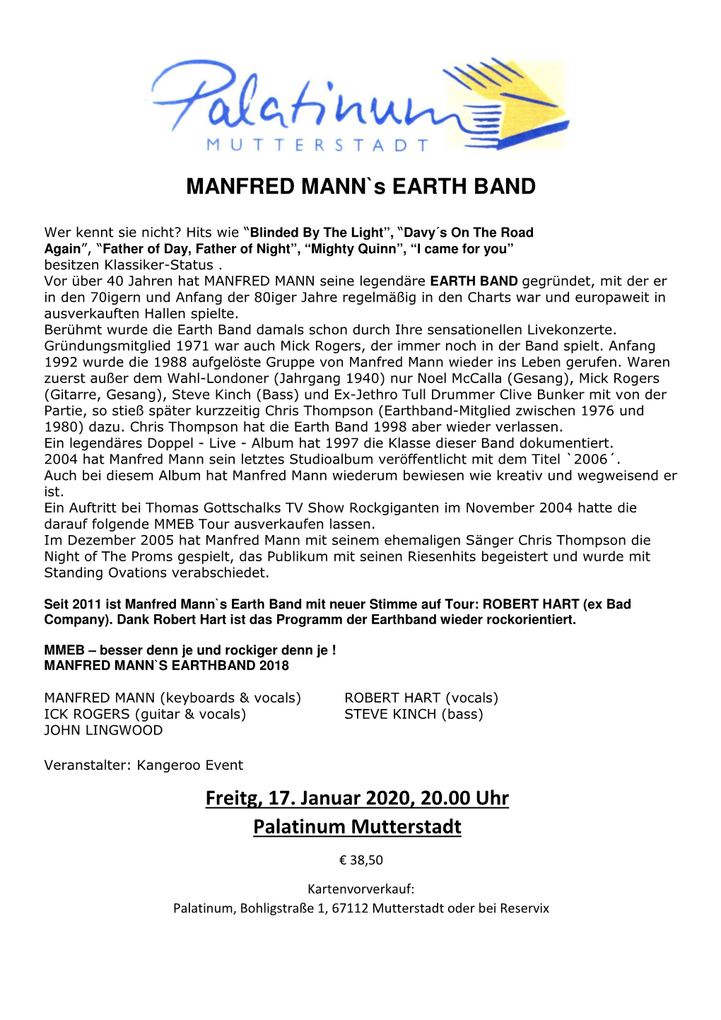 MANFRED MANN`S EARTH BAND Freitg, 17. Januar 2020, 20.00 Uhr