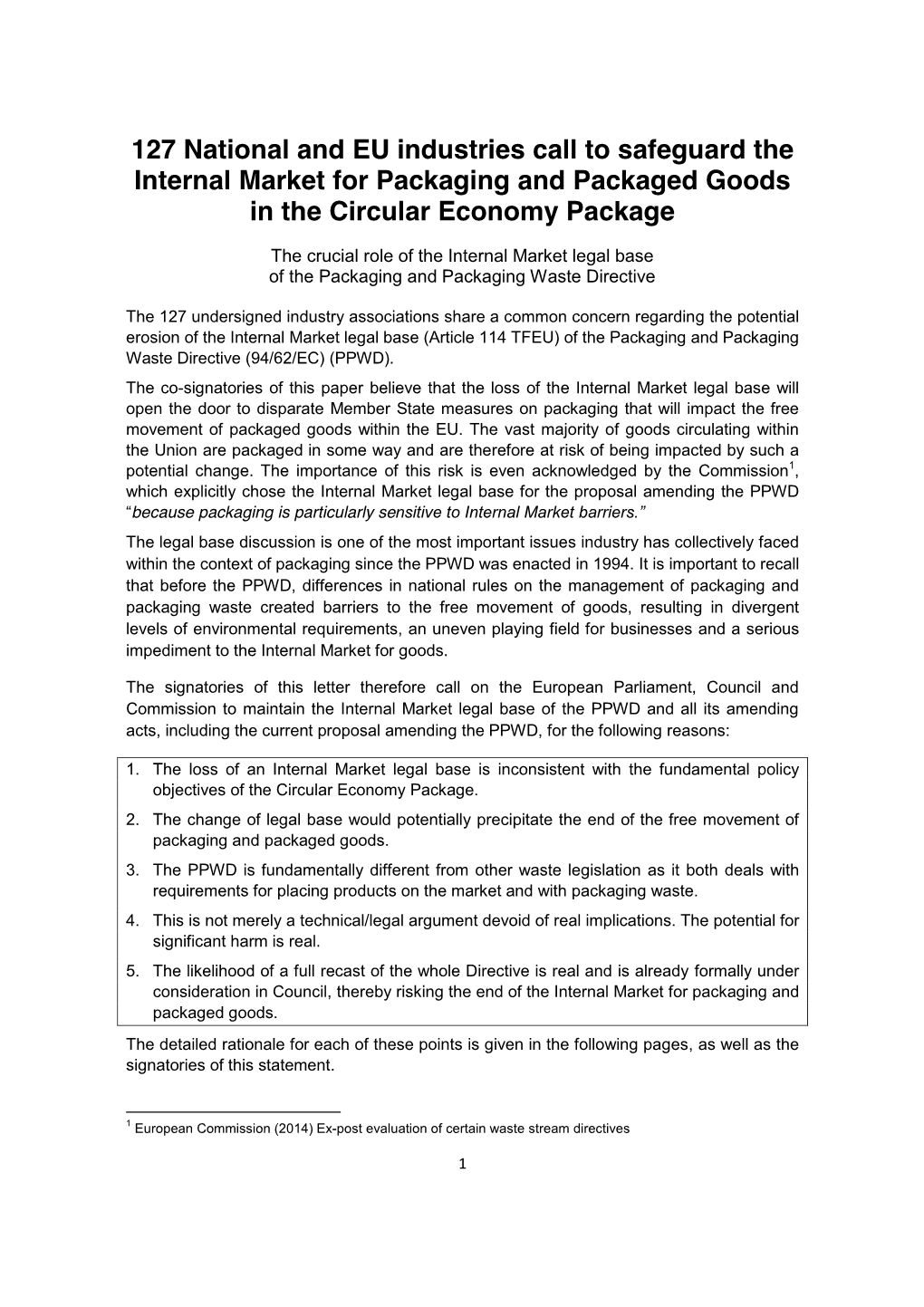 127 National and EU Industries Call to Safeguard the Internal Market for Packaging and Packaged Goods in the Circular Economy Package