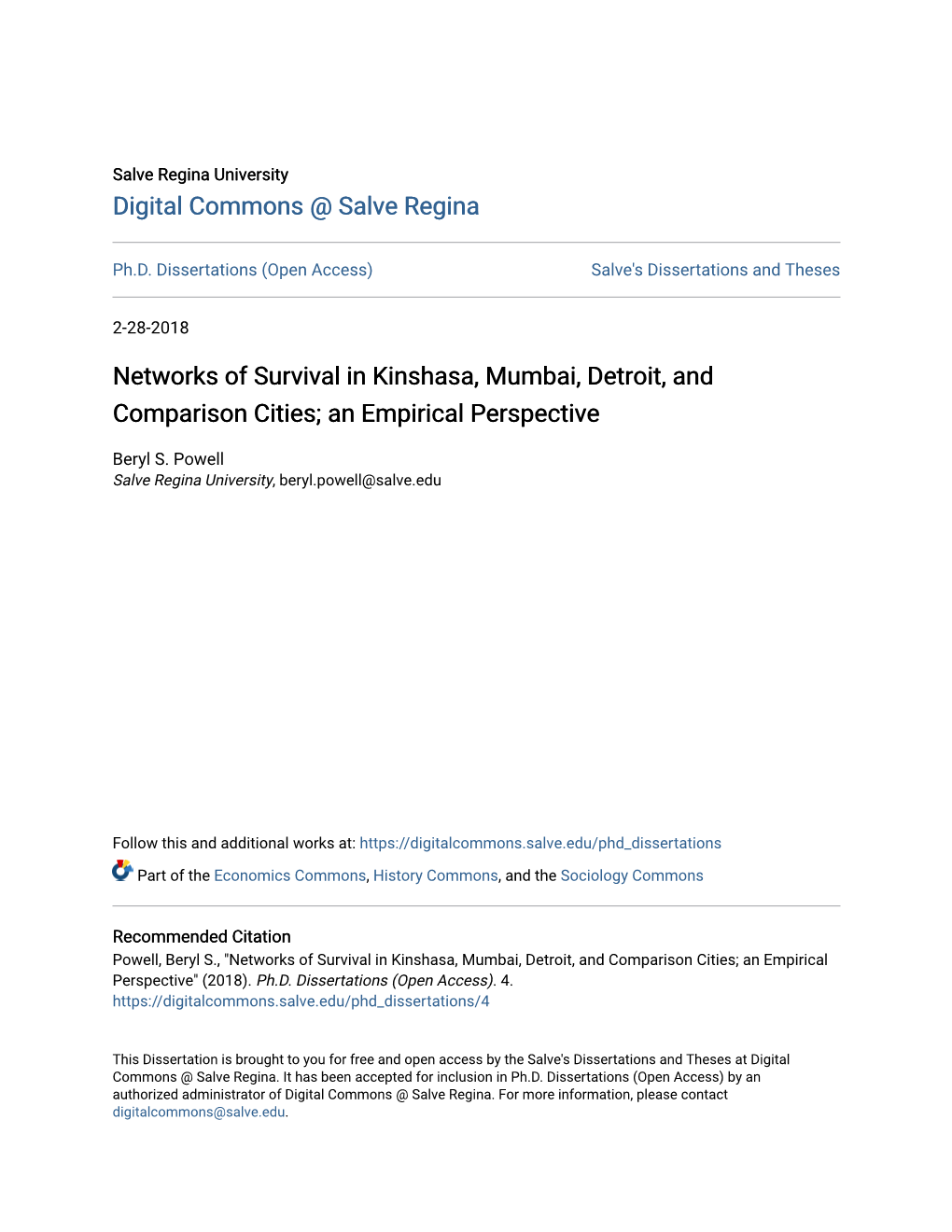 Networks of Survival in Kinshasa, Mumbai, Detroit, and Comparison Cities; an Empirical Perspective