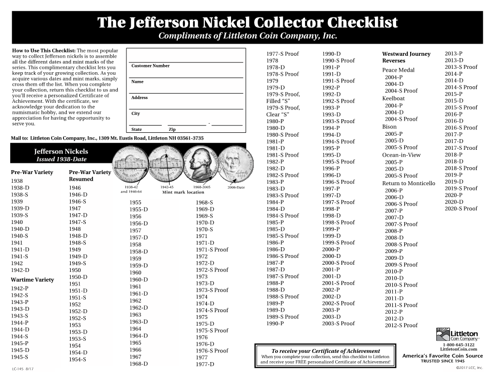 The Jefferson Nickel Collector Checklist Compliments of Littleton Coin Company, Inc