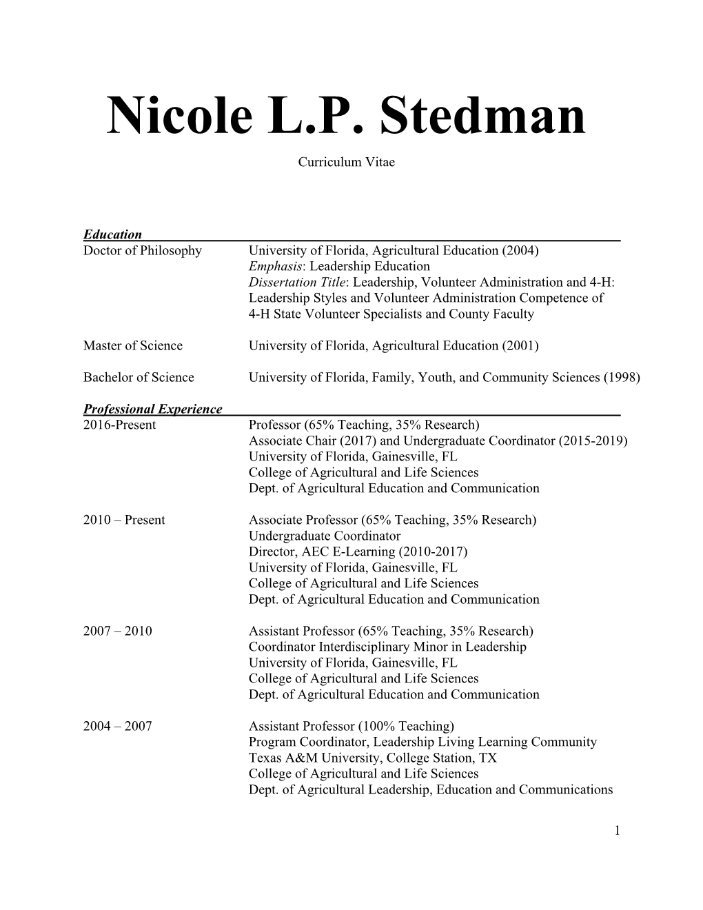 Nicole L.P. Stedman Curriculum Vitae