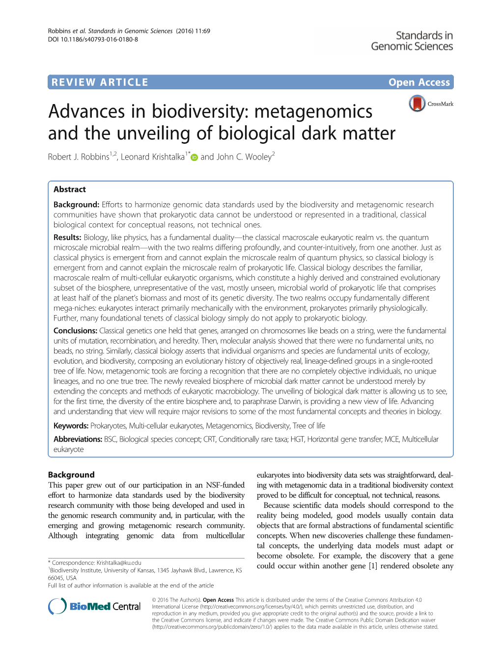 Metagenomics and the Unveiling of Biological Dark Matter Robert J