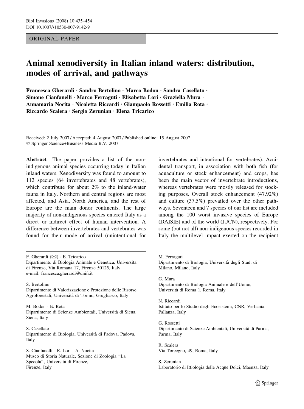 Animal Xenodiversity in Italian Inland Waters: Distribution, Modes of Arrival, and Pathways