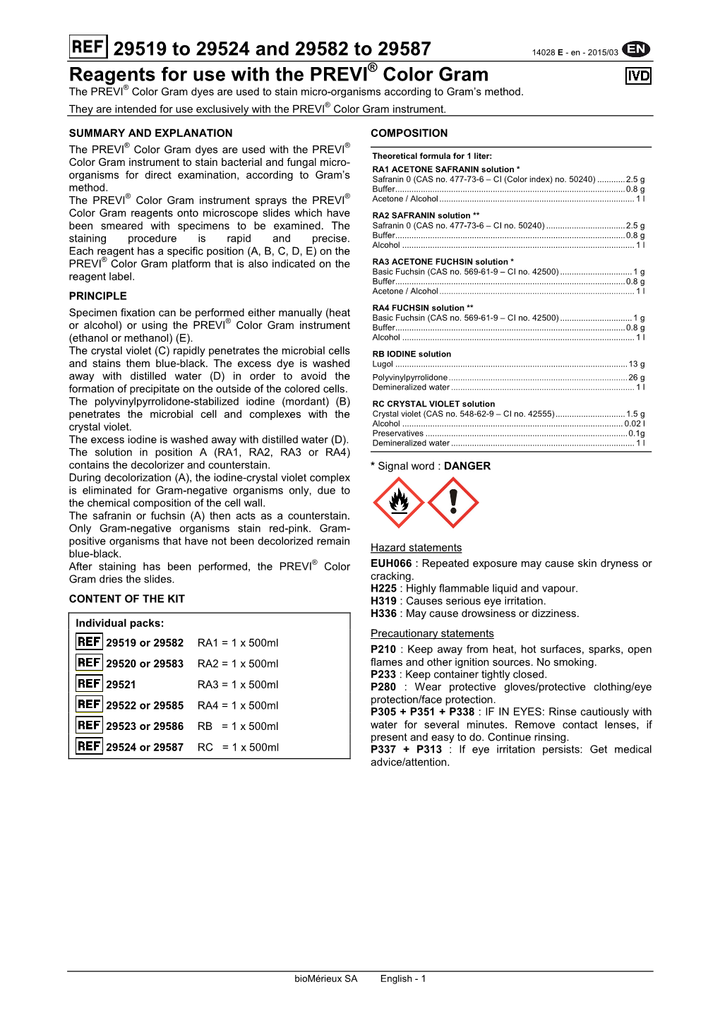 Reagents for Use with the PREVI® Color Gram 14028 E - En - 2015/03