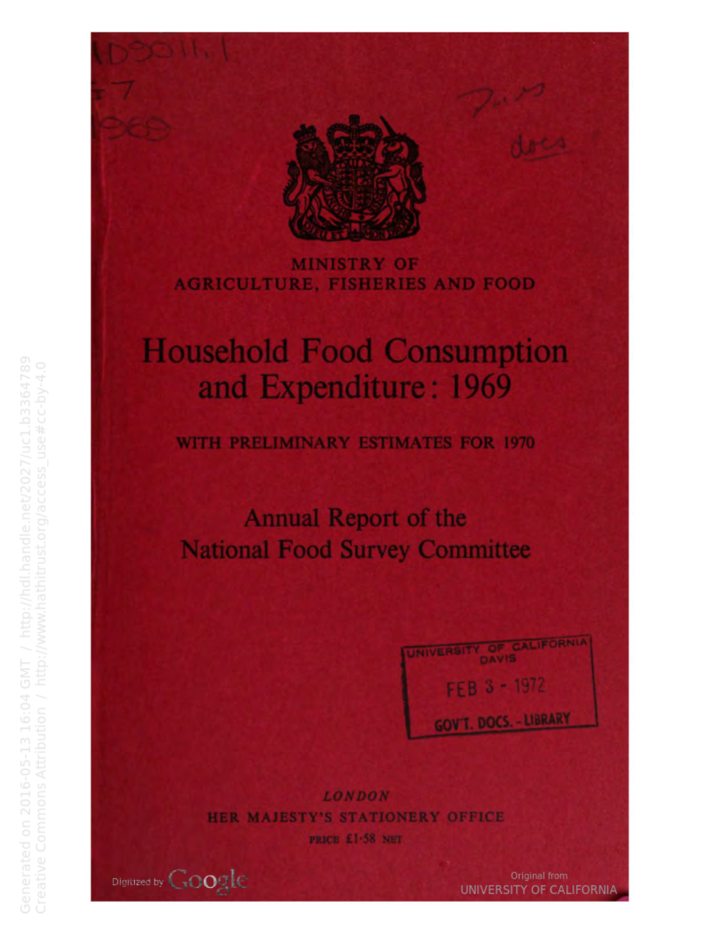 Household Food Consumption and Expenditure: 1969
